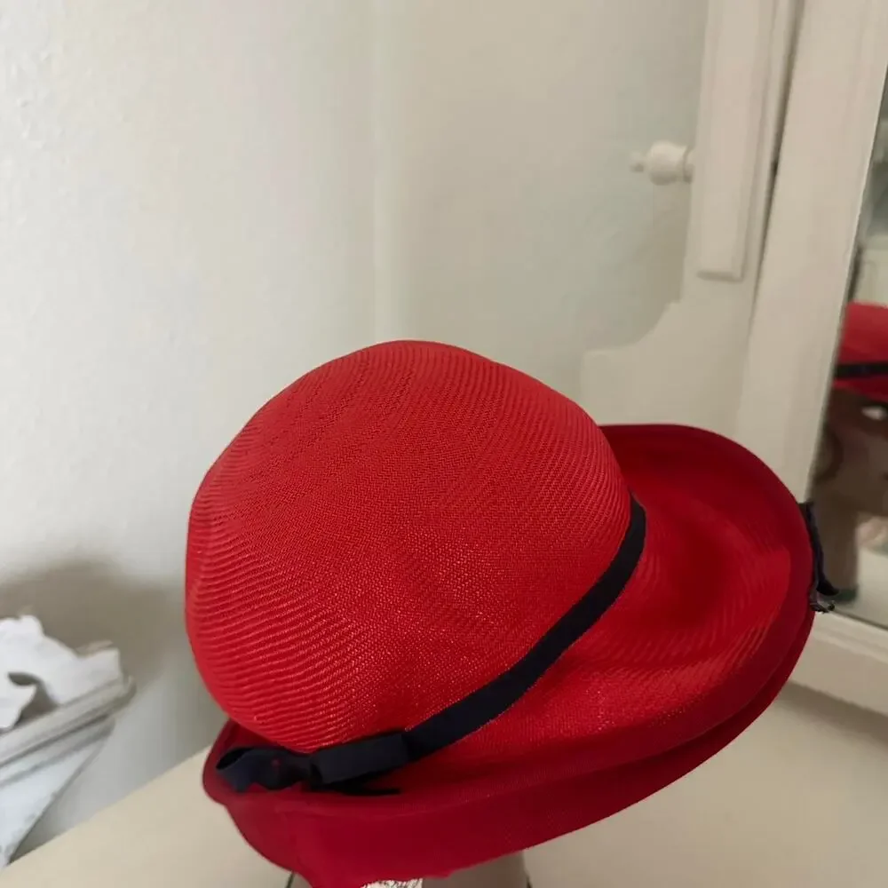 Sonni California Women’s One Size Red Woven Brim Hat Bows 1950s